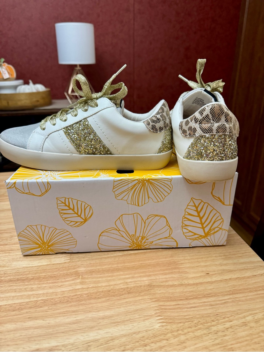 White Low-Top Sneakers with Gold Glitter Panels and Leopard Heel